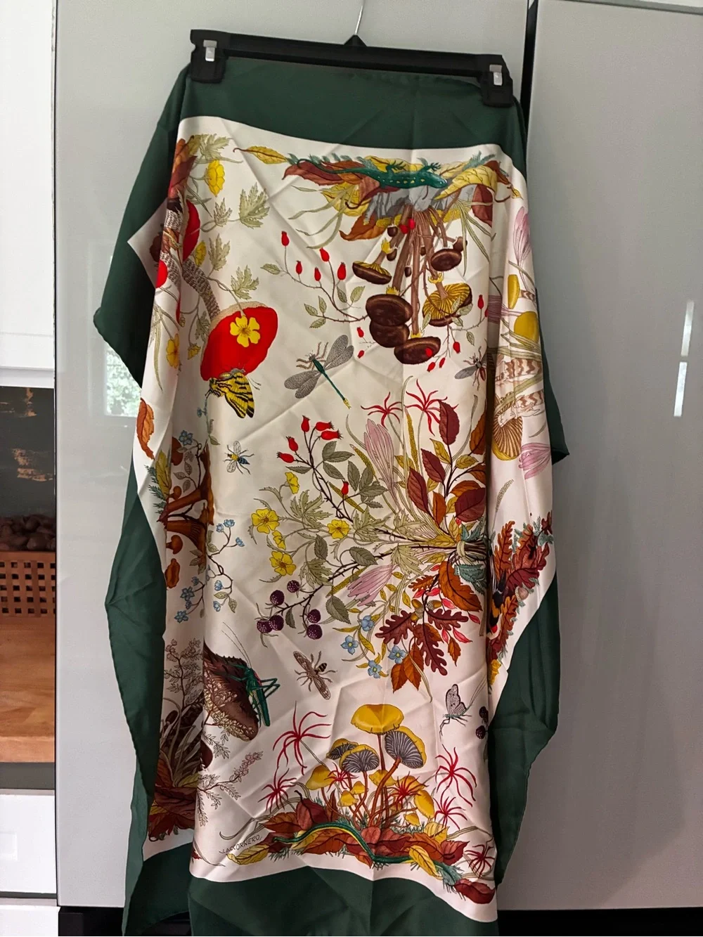 1960’s vintage Gucci Green Botanical Print Silk Scarf, xl 34”